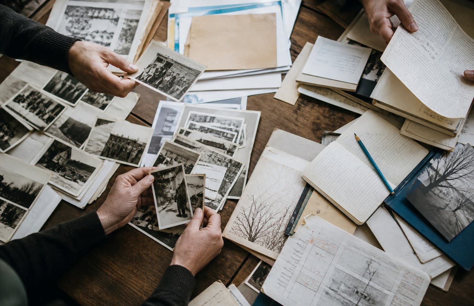 Manos ordenando fotografías y cartas de archivo sobre una mesa