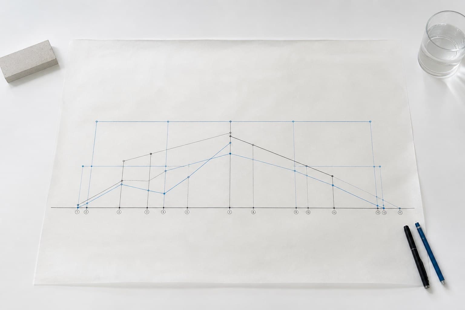 Diagrama técnico a lápiz sobre papel de calco