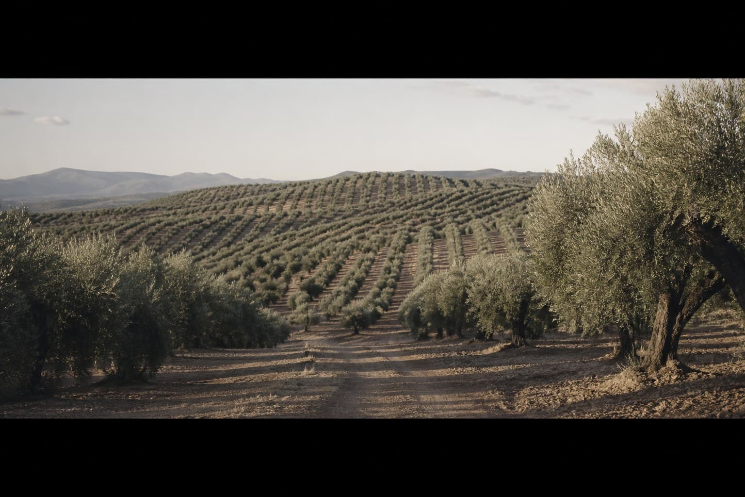 Olivares en filas sobre tierra pálida en el interior de Andalucía